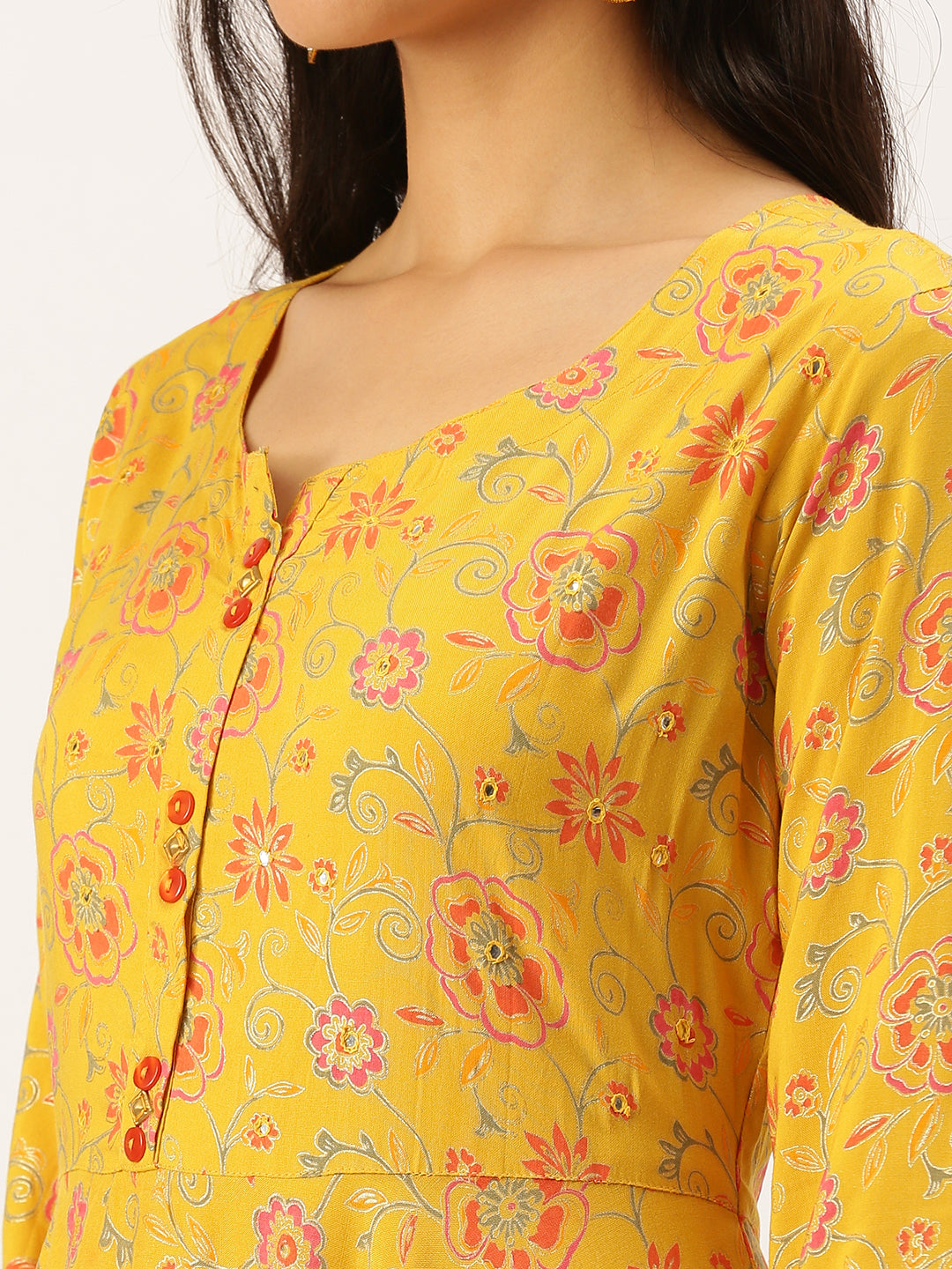 Women's Yellow Floral Thread Work Anarkali Kurta