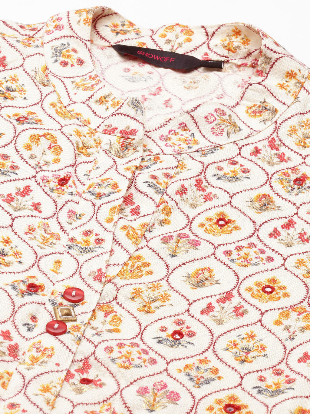 Women's Cream Floral Printed Mirror Work Cotton Anarkali Kurta