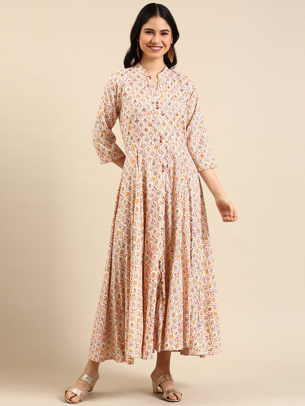 Women's Cream Floral Printed Mirror Work Cotton Anarkali Kurta