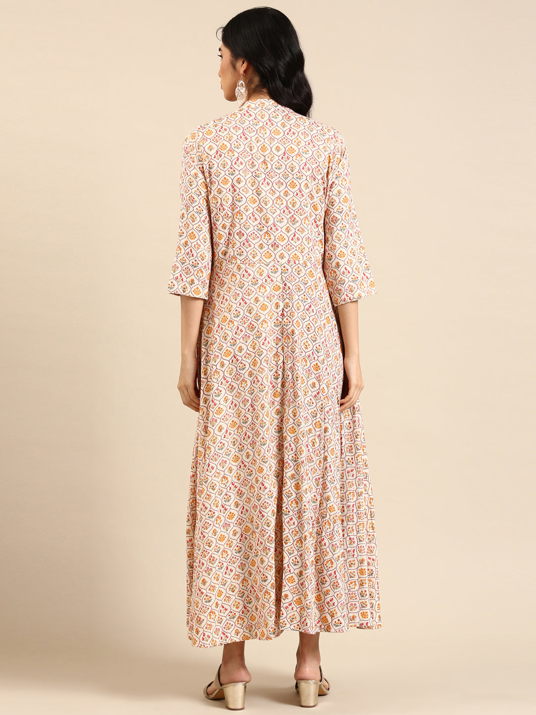 Women's Cream Floral Printed Mirror Work Cotton Anarkali Kurta