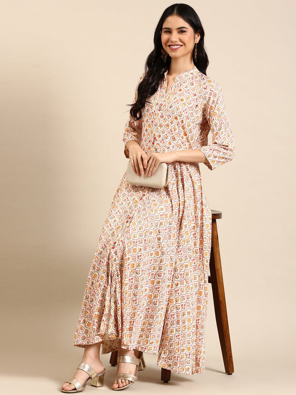 Women's Cream Floral Printed Mirror Work Cotton Anarkali Kurta