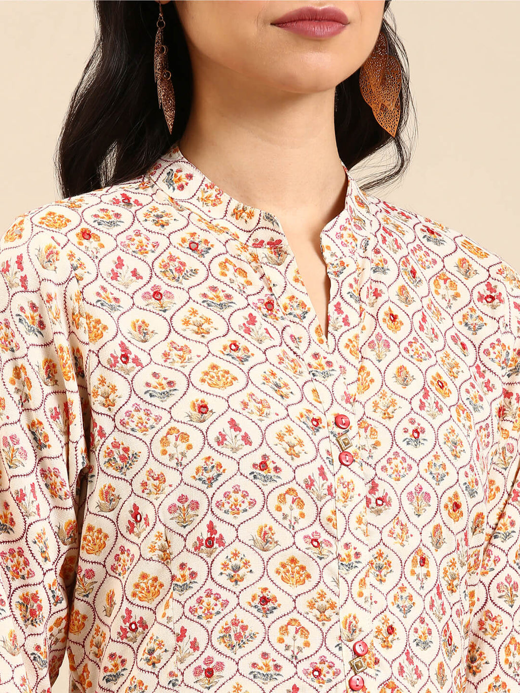 Women's Cream Floral Printed Mirror Work Cotton Anarkali Kurta