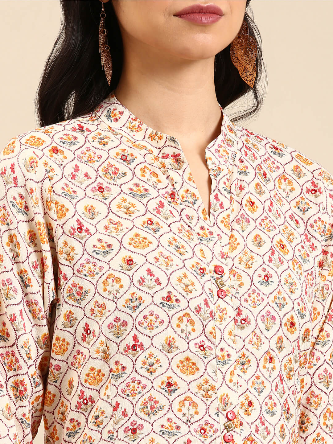Women's Cream Floral Printed Mirror Work Cotton Anarkali Kurta