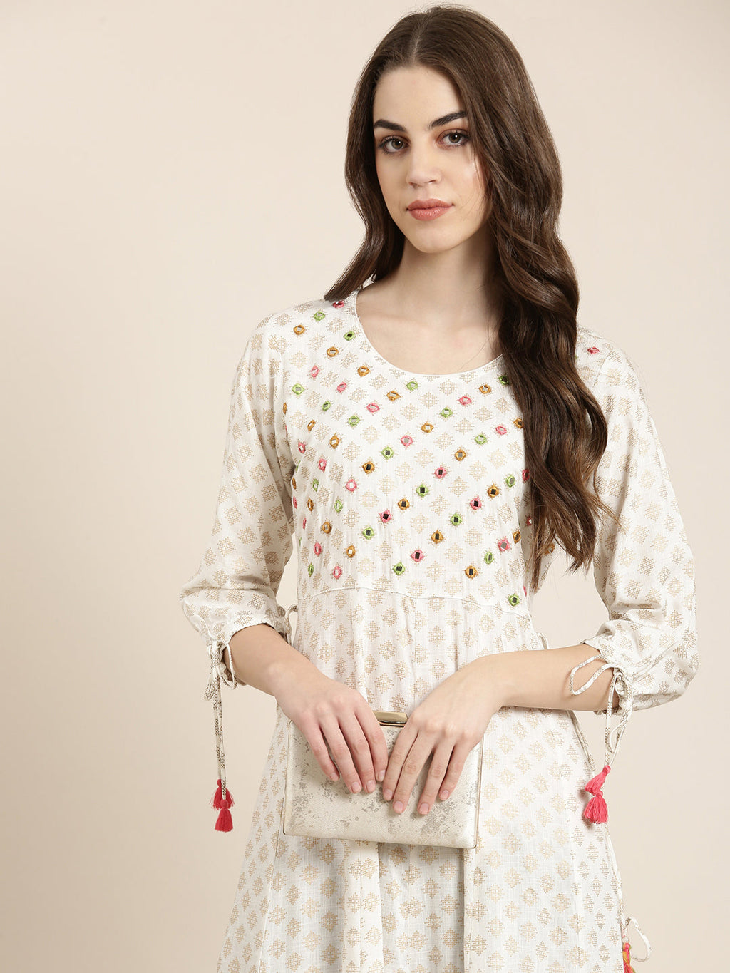 Women's White Floral Printed Mirror Work Cotton Anarkali Kurta