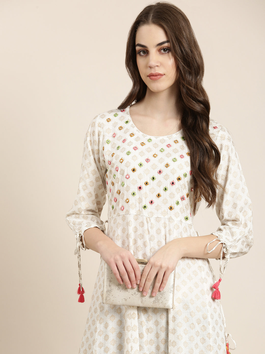 Women's White Floral Printed Mirror Work Cotton Anarkali Kurta