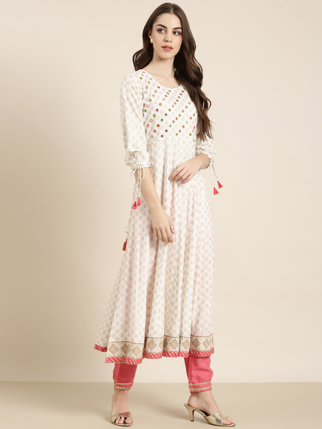 Women's White Floral Printed Mirror Work Cotton Anarkali Kurta