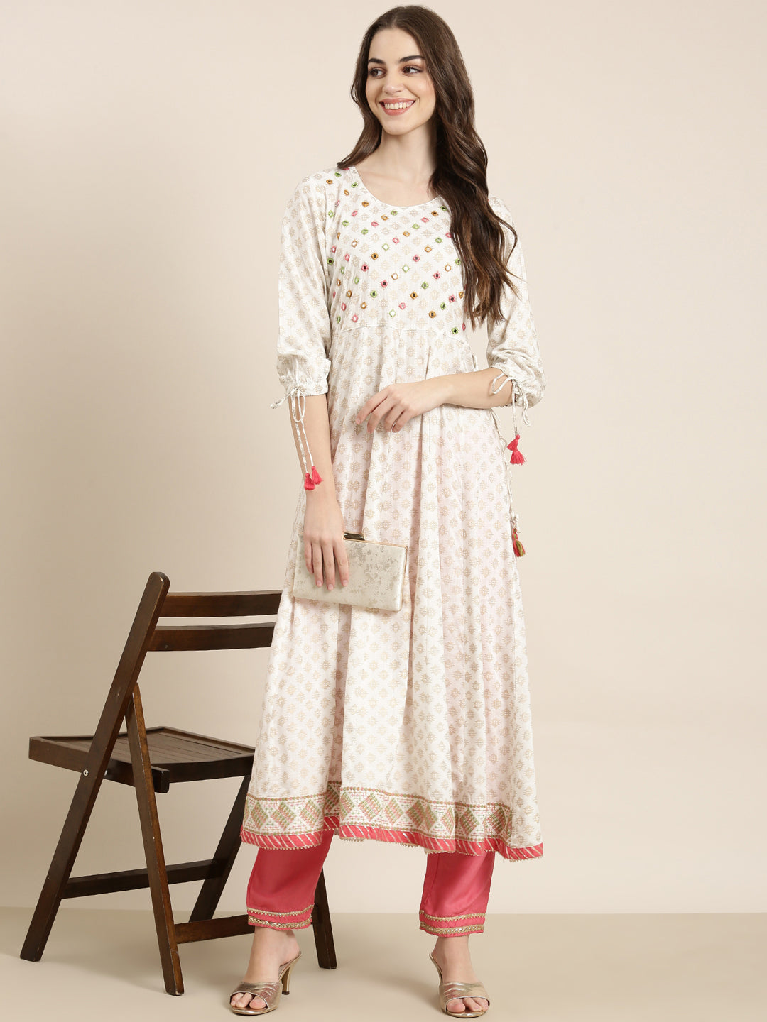 Women's White Floral Printed Mirror Work Cotton Anarkali Kurta