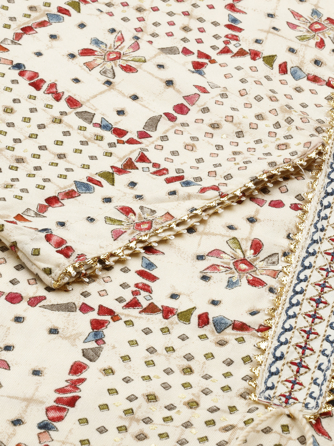 Women's Cream Printed Thread Work Kurta