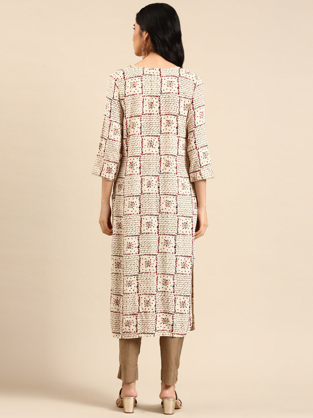 Women's Cream Printed Thread Work Kurta