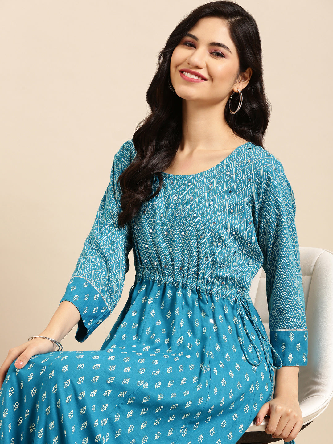 Women's Blue Ethnic Motifs Printed Mirror Work Anarkali Kurta