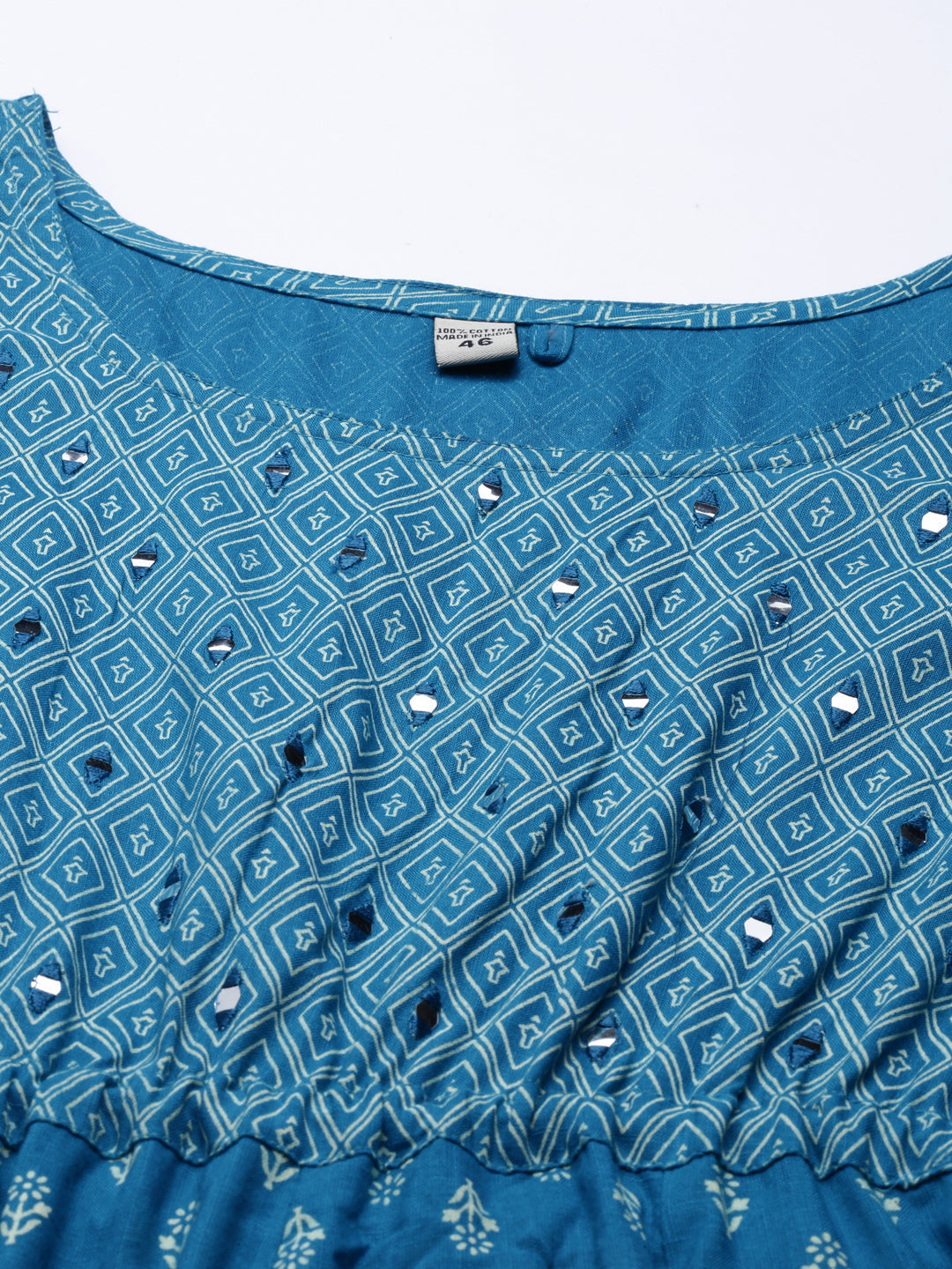 Women's Blue Ethnic Motifs Printed Mirror Work Anarkali Kurta