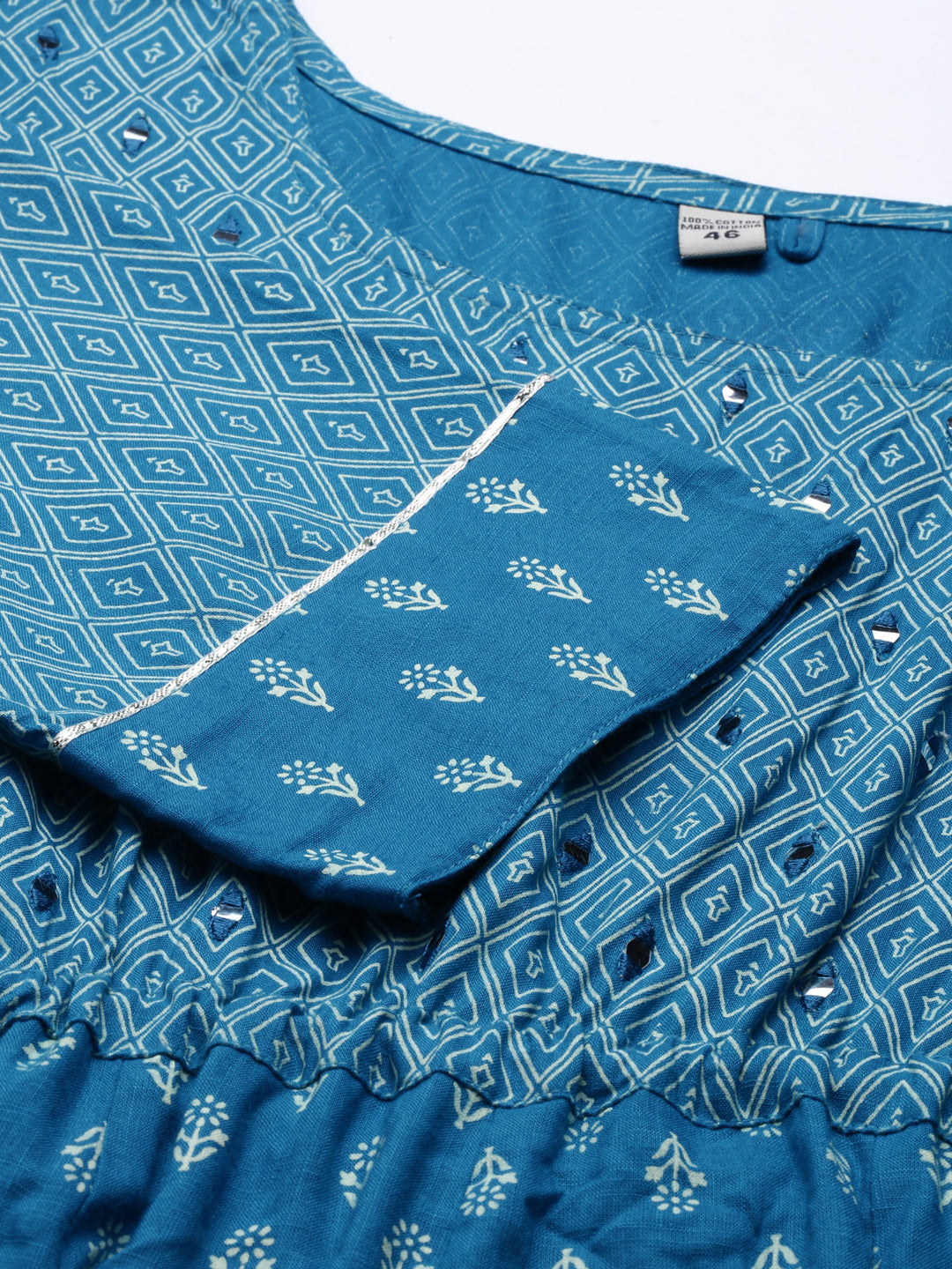 Women's Blue Ethnic Motifs Printed Mirror Work Anarkali Kurta