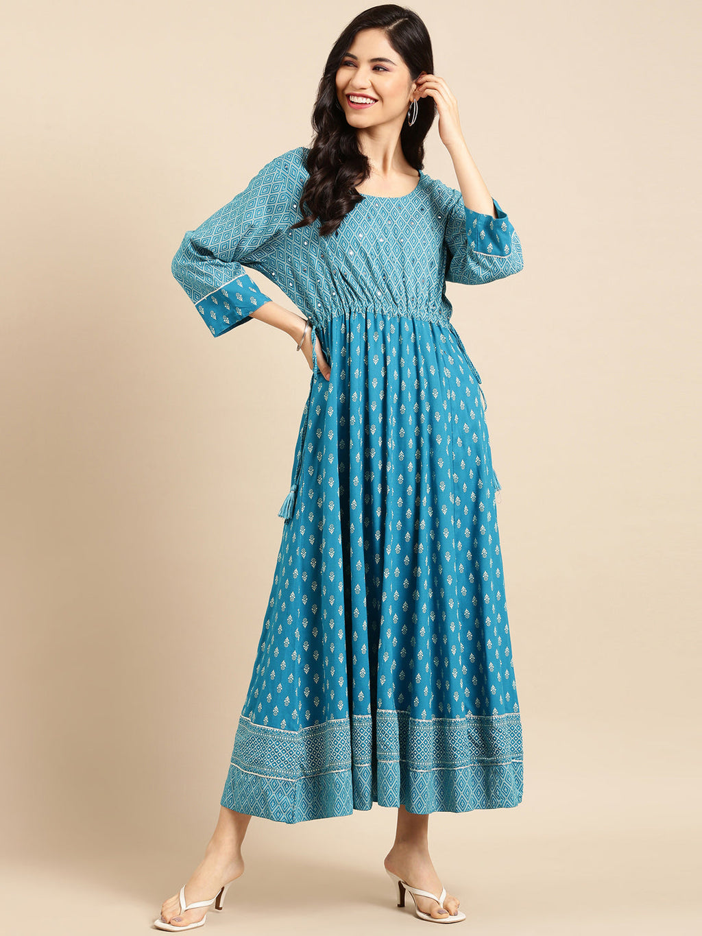 Women's Blue Ethnic Motifs Printed Mirror Work Anarkali Kurta