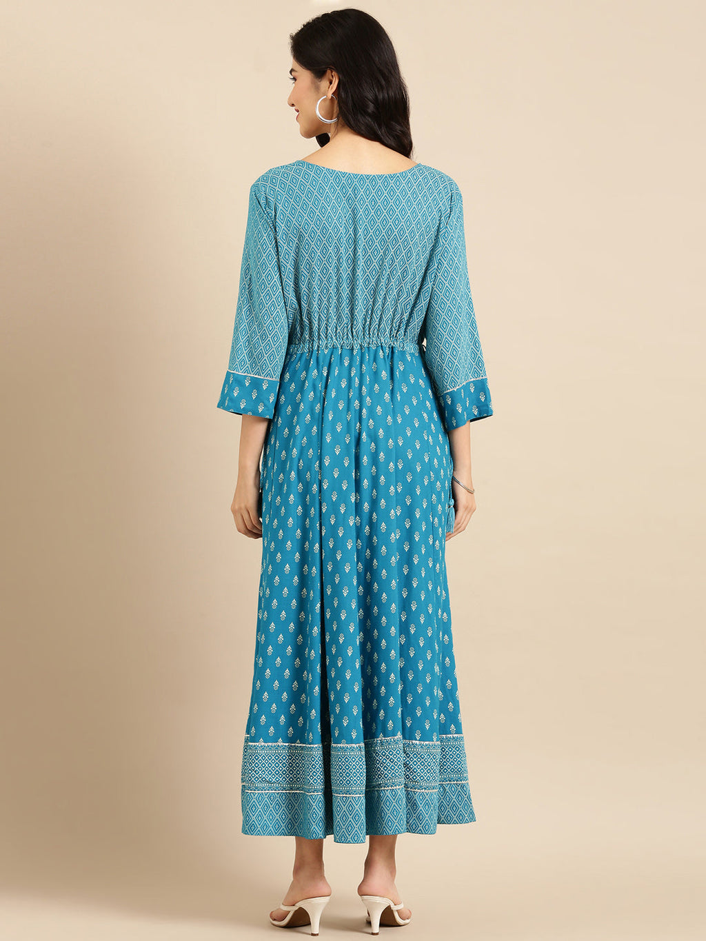 Women's Blue Ethnic Motifs Printed Mirror Work Anarkali Kurta