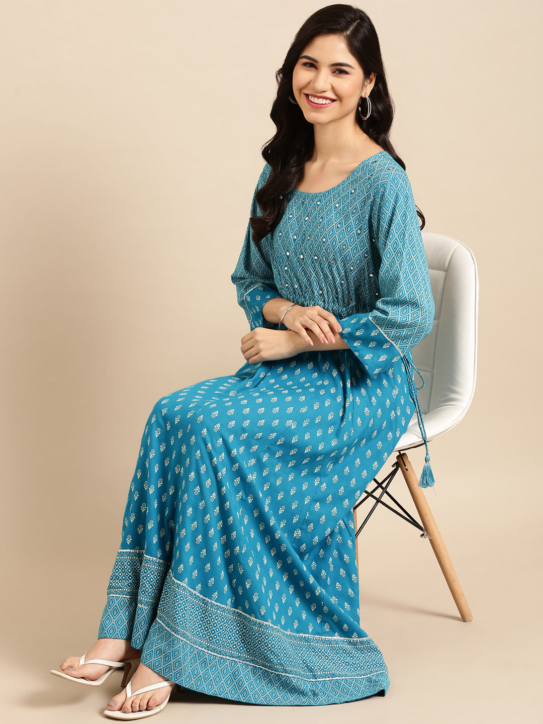 Women's Blue Ethnic Motifs Printed Mirror Work Anarkali Kurta