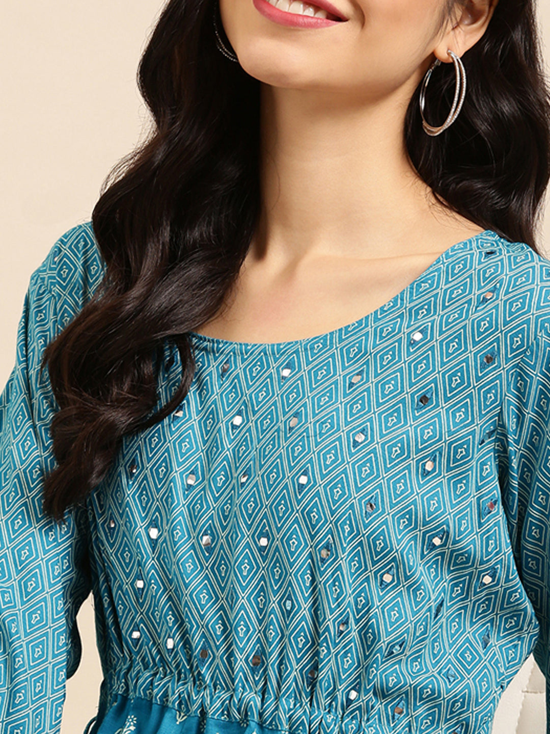 Women's Blue Ethnic Motifs Printed Mirror Work Anarkali Kurta