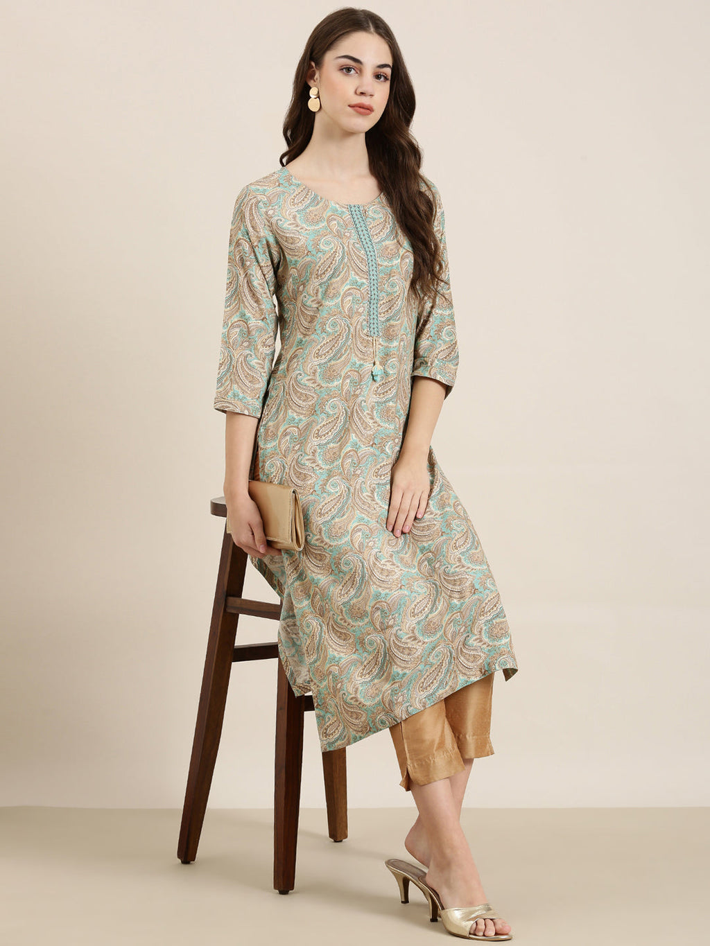 Women's Sea Green Ethnic Motifs Printed Straight Kurta