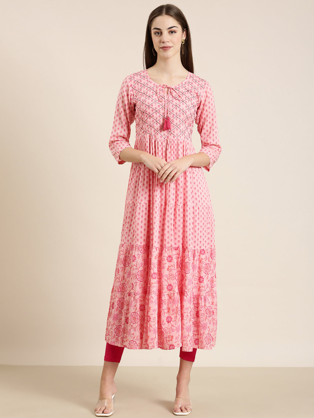 Women's Pink Floral Printed Anarkali Kurta