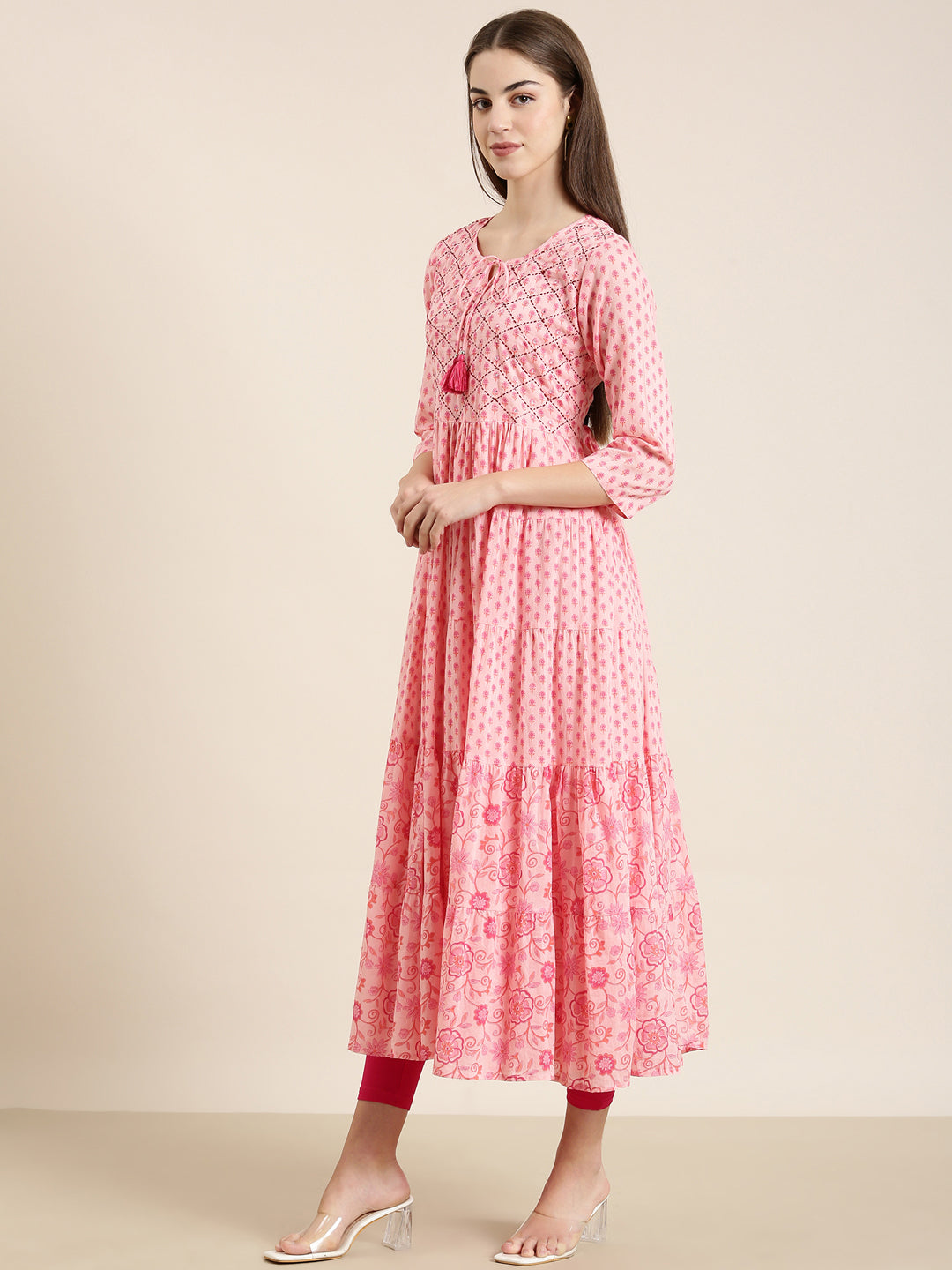Women's Pink Floral Printed Anarkali Kurta