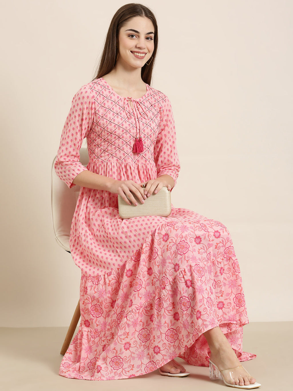 Women's Pink Floral Printed Anarkali Kurta