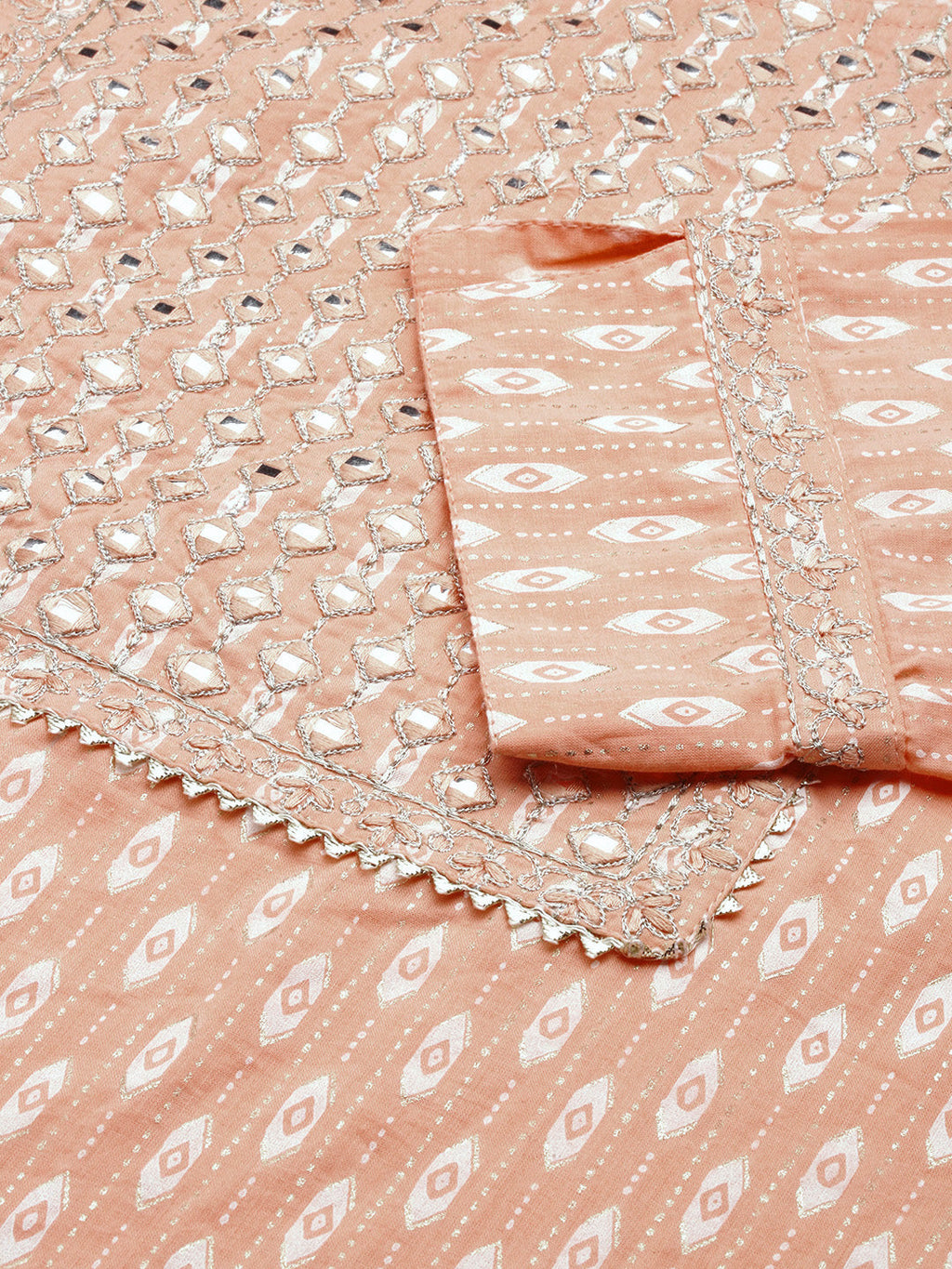 Women's Peach Geometric Printed Mirror Work Straight Kurta