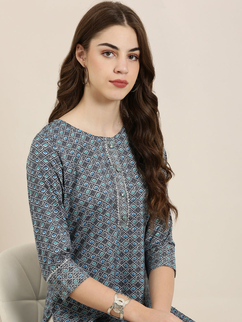 Women's Navy Blue Ethnic Motifs Printed Gotta Patti Straight Kurta