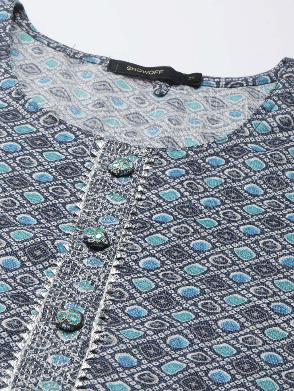 Women's Navy Blue Ethnic Motifs Printed Gotta Patti Straight Kurta