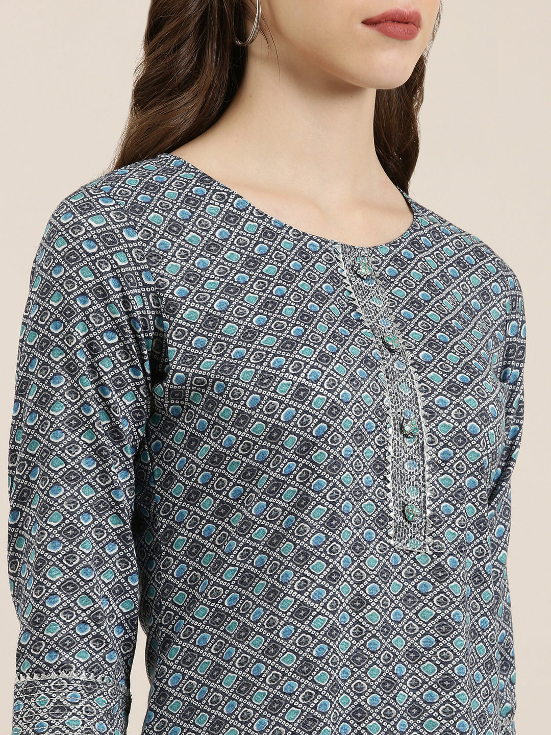 Women's Navy Blue Ethnic Motifs Printed Gotta Patti Straight Kurta
