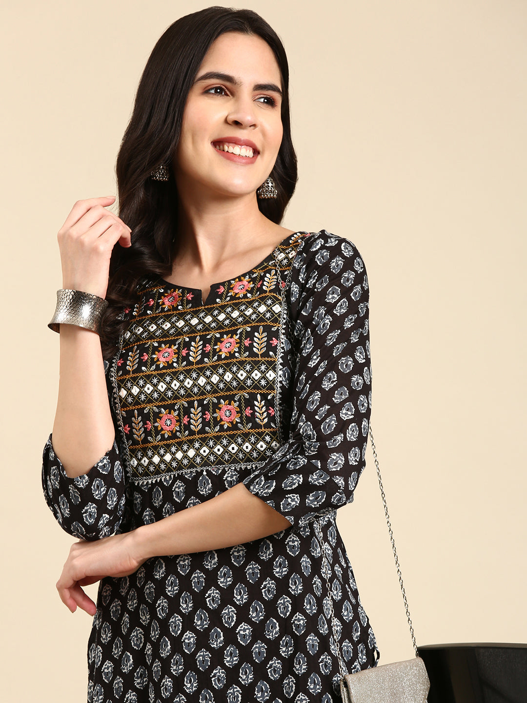Women's Black Floral Block Printed Thread Work Straight Kurta