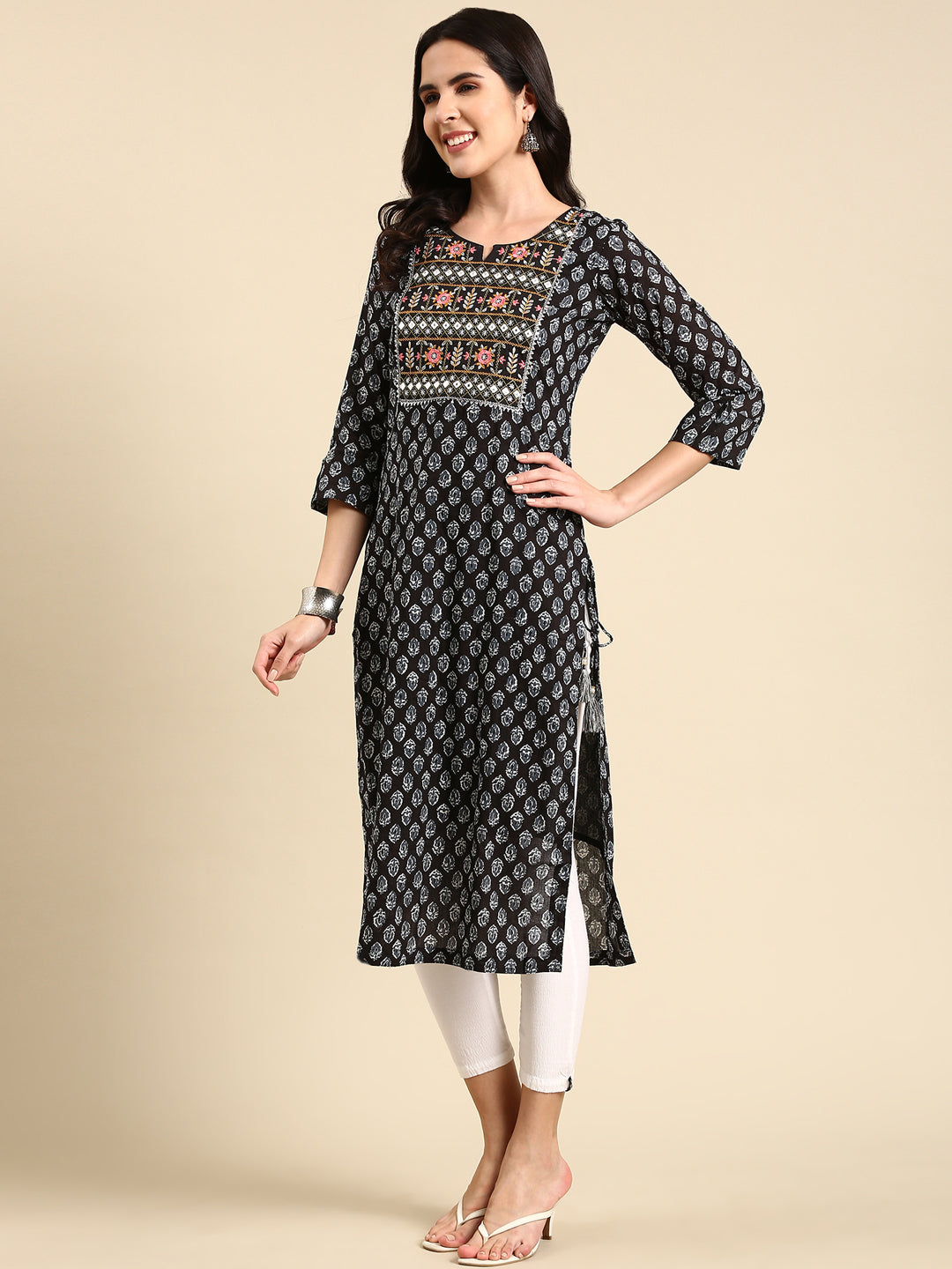 Women's Black Floral Block Printed Thread Work Straight Kurta
