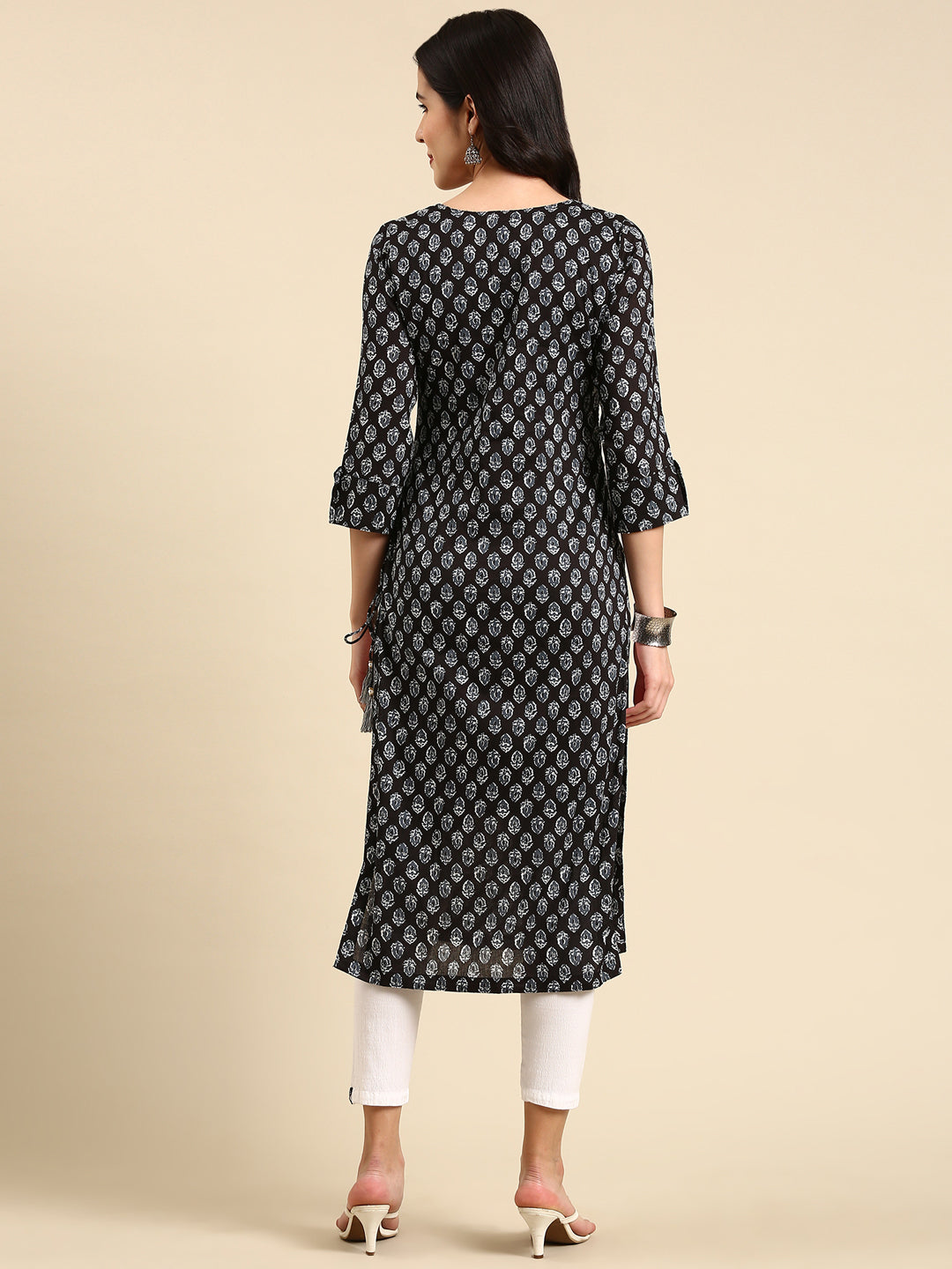 Women's Black Floral Block Printed Thread Work Straight Kurta