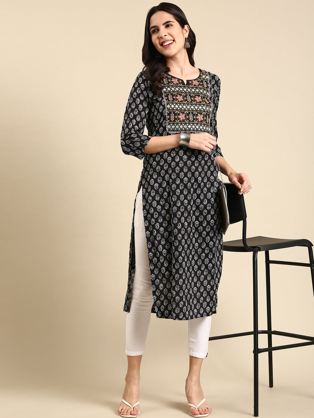 Women's Black Floral Block Printed Thread Work Straight Kurta