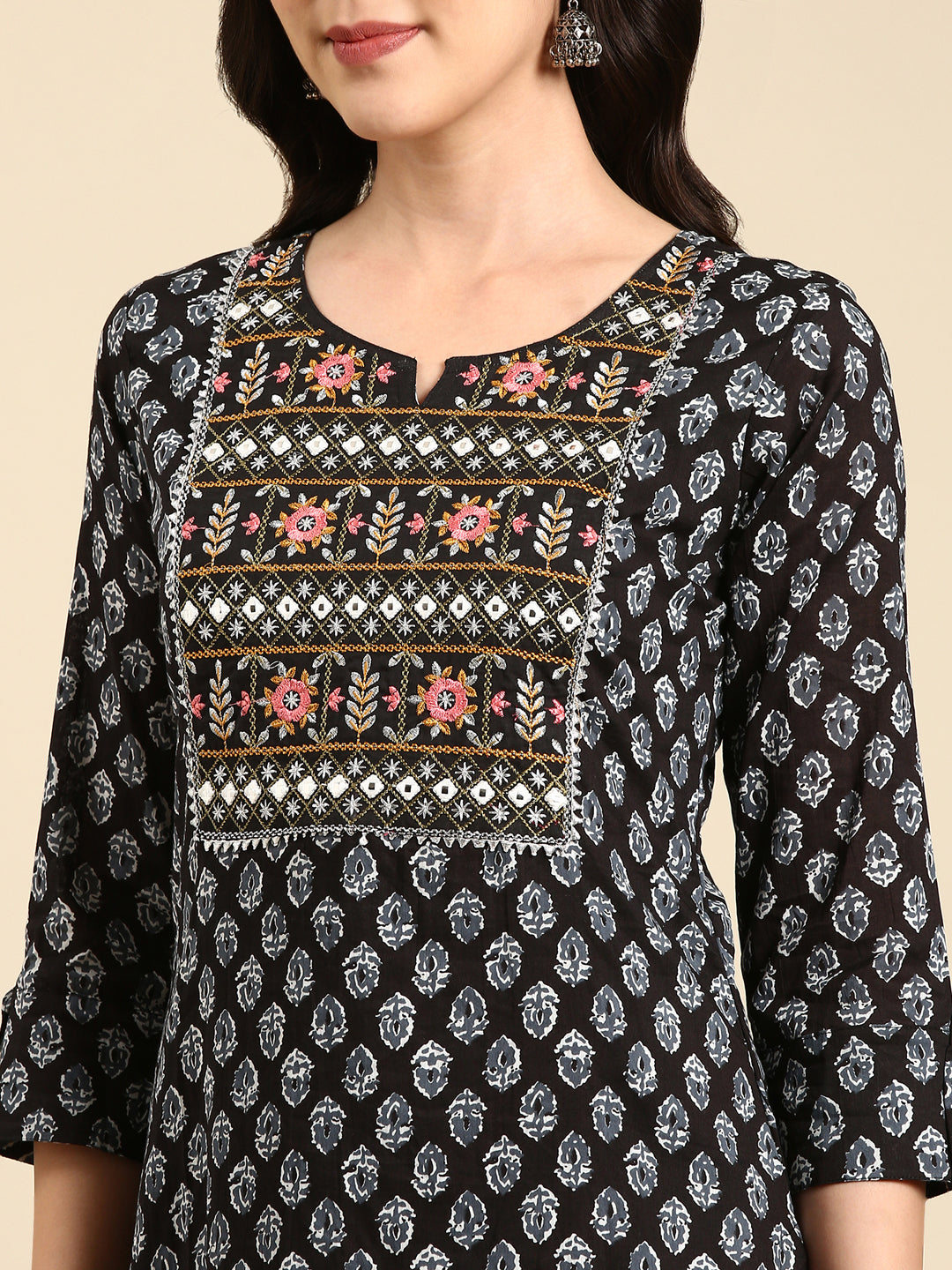 Women's Black Floral Block Printed Thread Work Straight Kurta