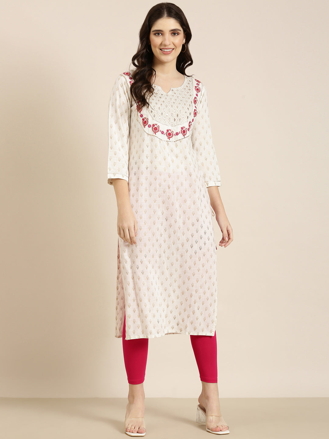 Women's Off White Floral Straight Kurta