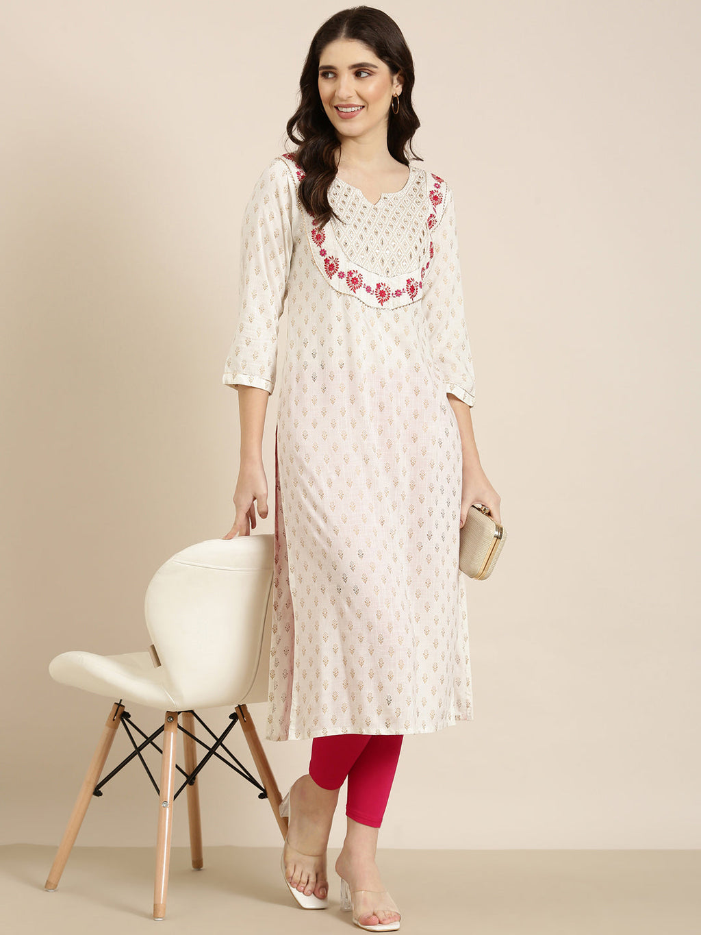 Women's Off White Floral Straight Kurta