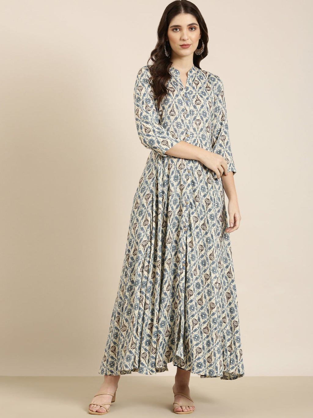 Women's Cream Ethnic Motifs Printed Mandarin Collar Anarkali Kurta