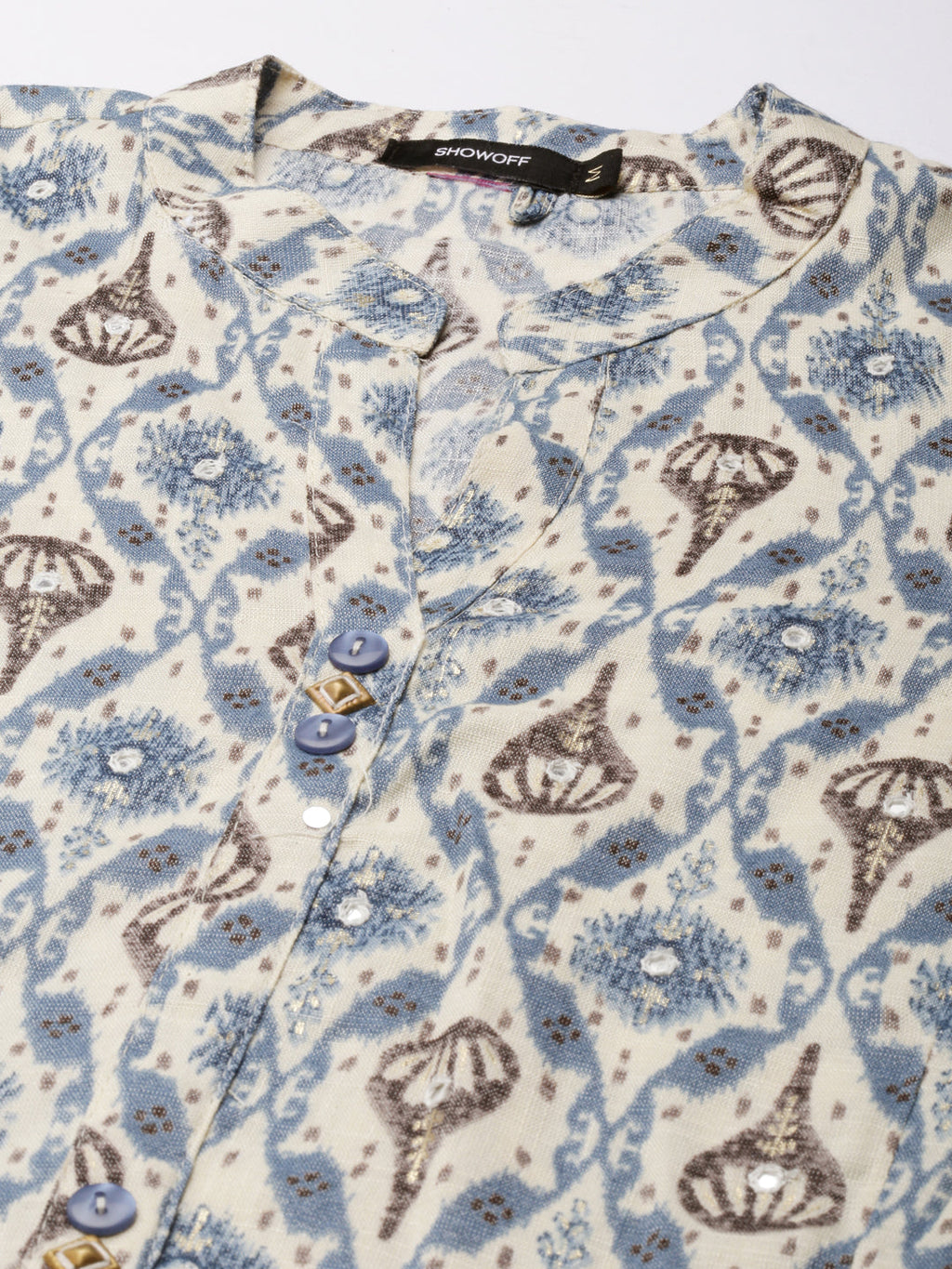 Women's Cream Ethnic Motifs Printed Mandarin Collar Anarkali Kurta