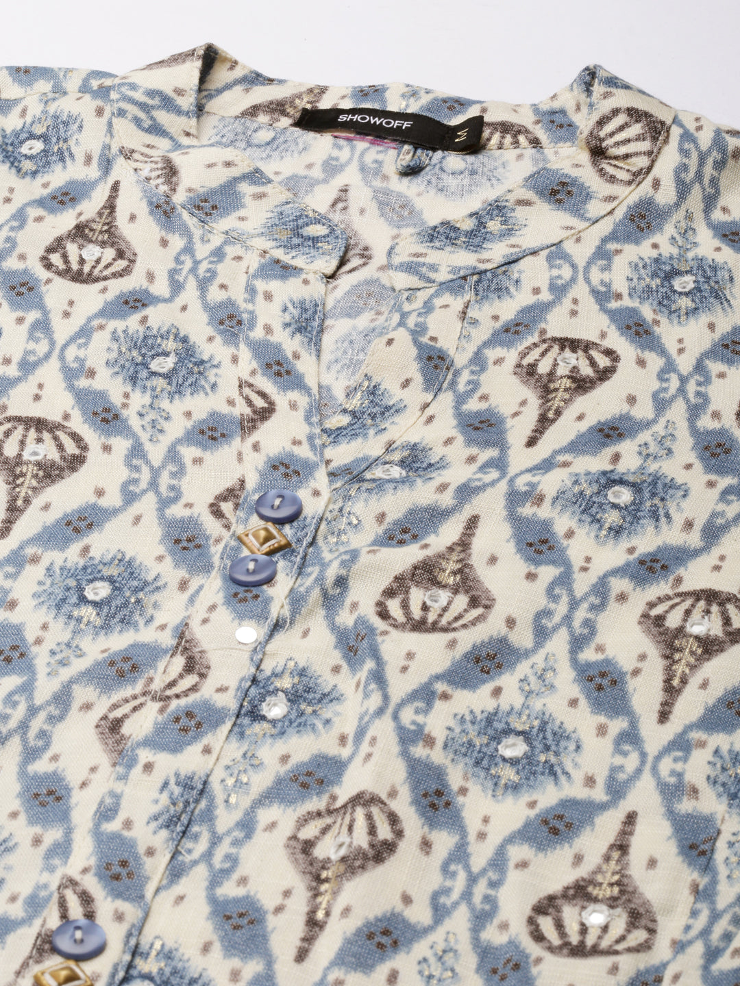 Women's Cream Ethnic Motifs Printed Mandarin Collar Anarkali Kurta