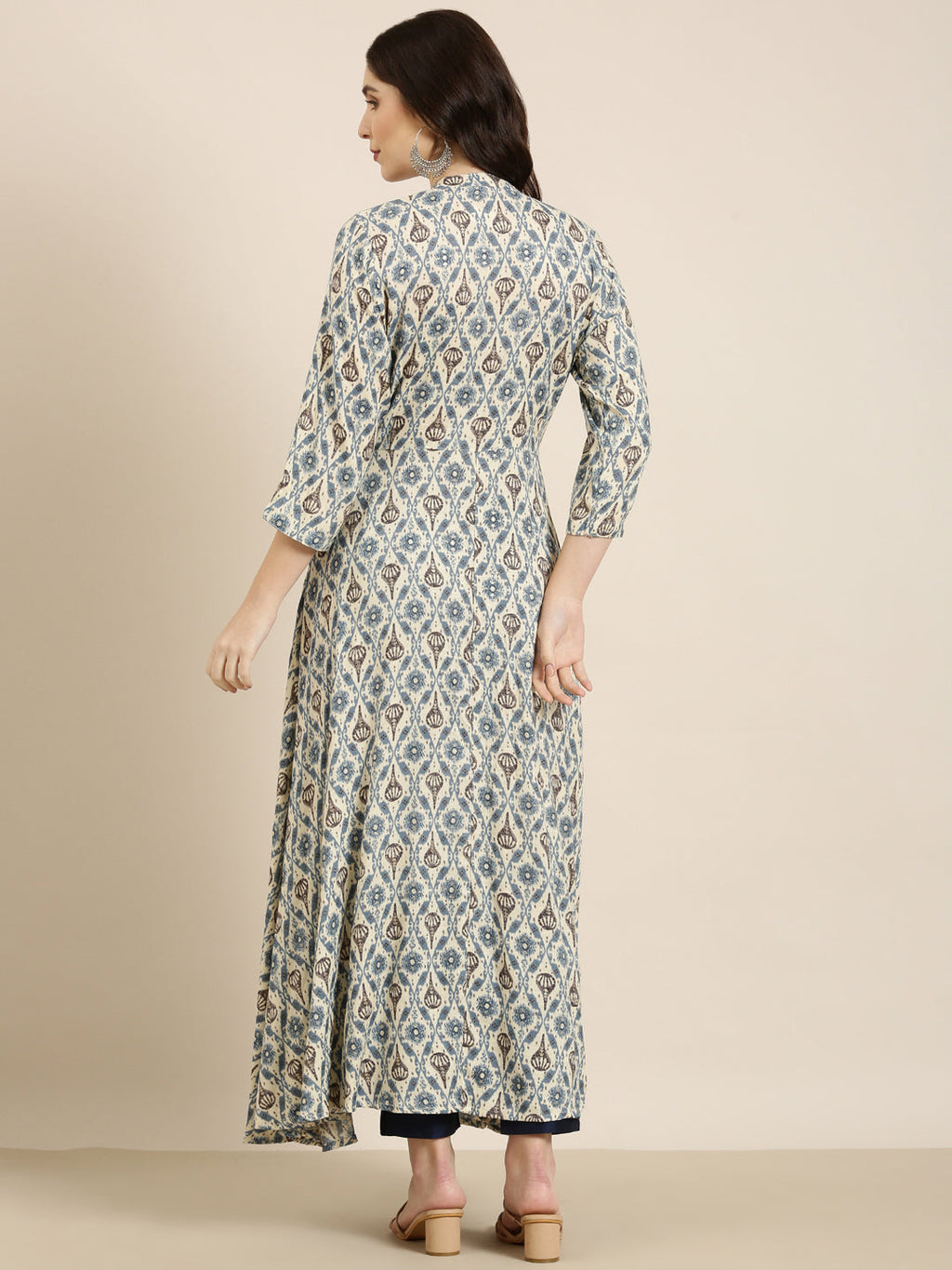 Women's Cream Ethnic Motifs Printed Mandarin Collar Anarkali Kurta