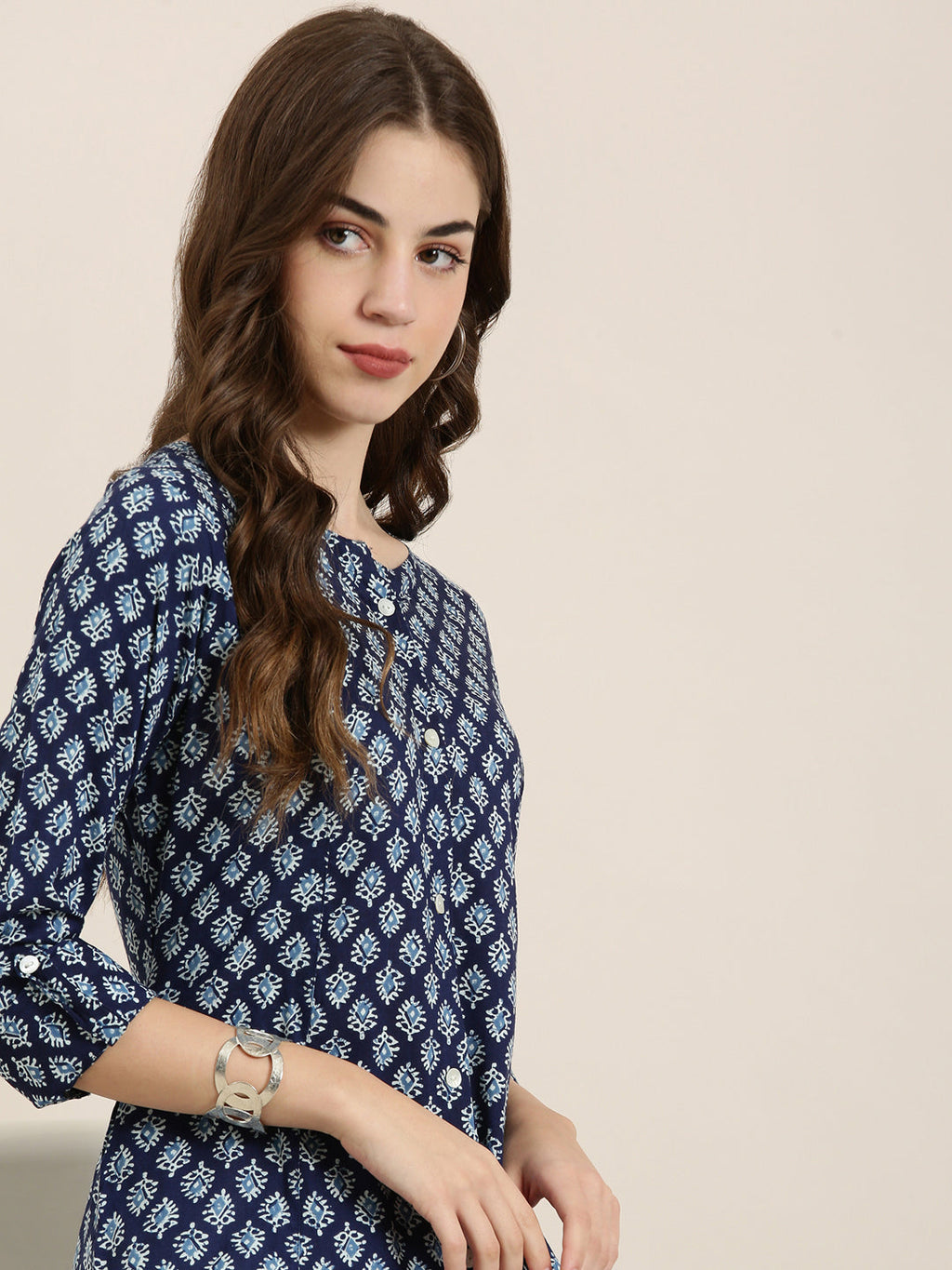 Women's Navy Blue Printed A-Line Kurta