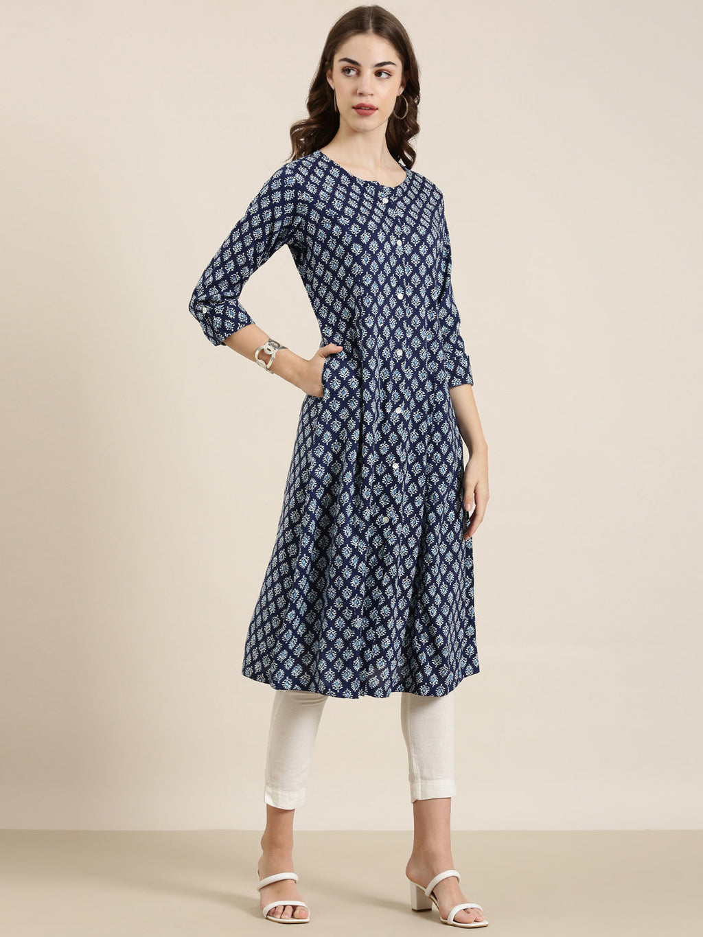 Women's Navy Blue Printed A-Line Kurta