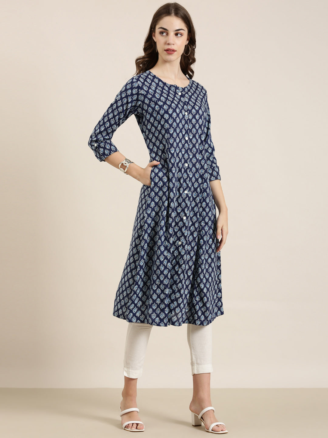 Women's Navy Blue Printed A-Line Kurta