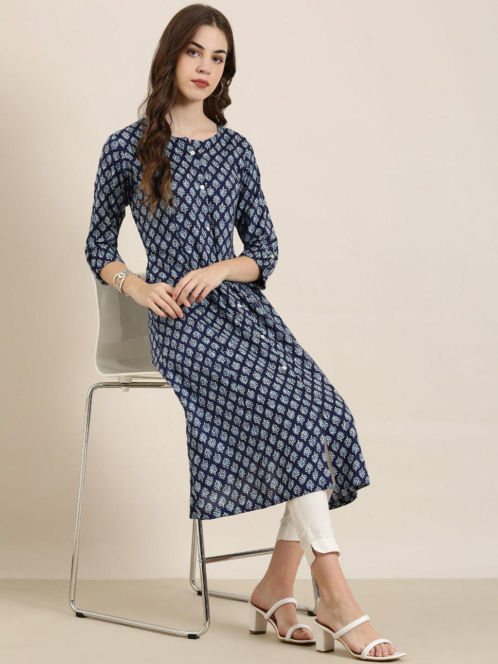 Women's Navy Blue Printed A-Line Kurta