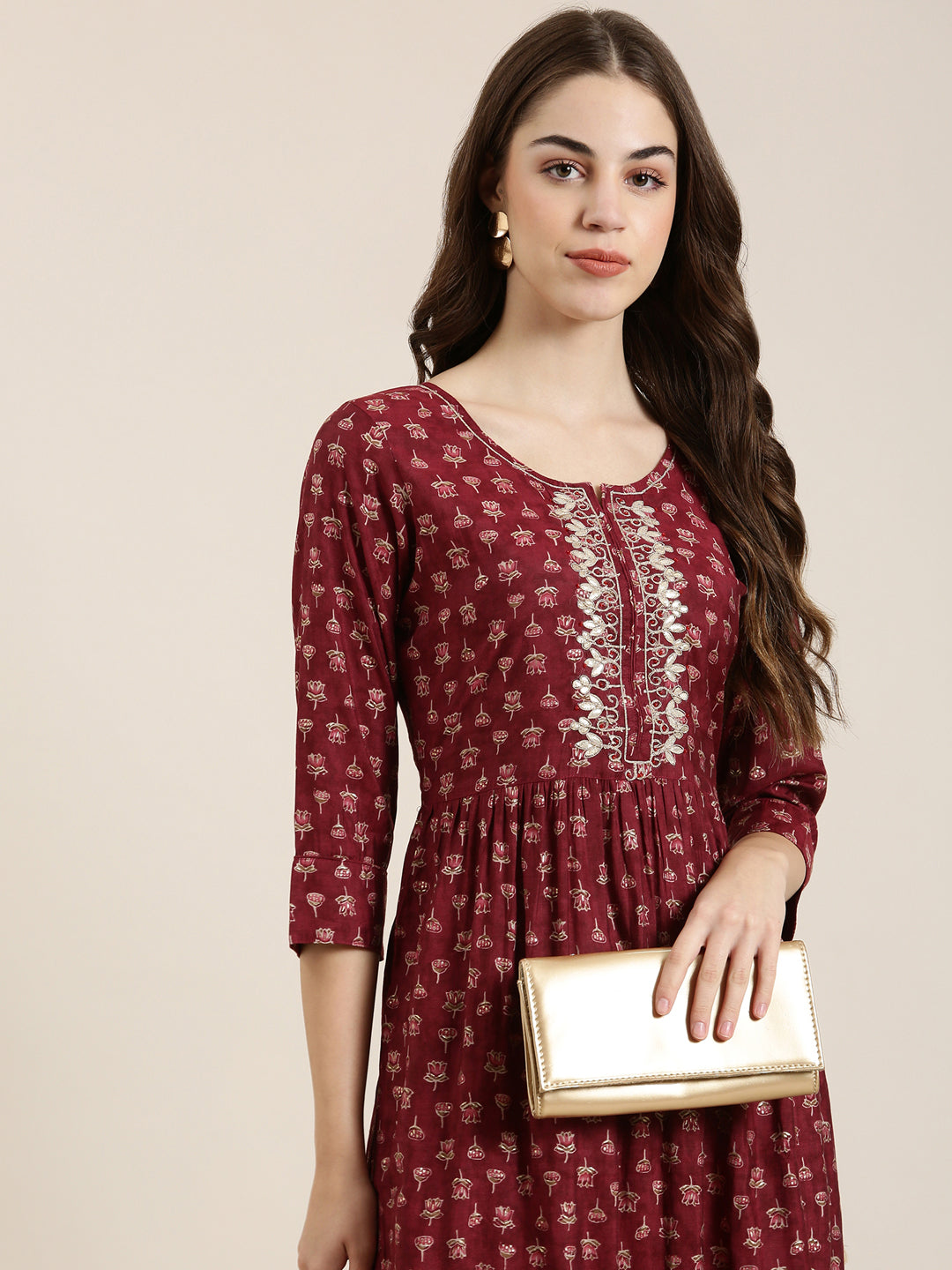 Women's Maroon Floral Printed Thread Work A-Line Kurta
