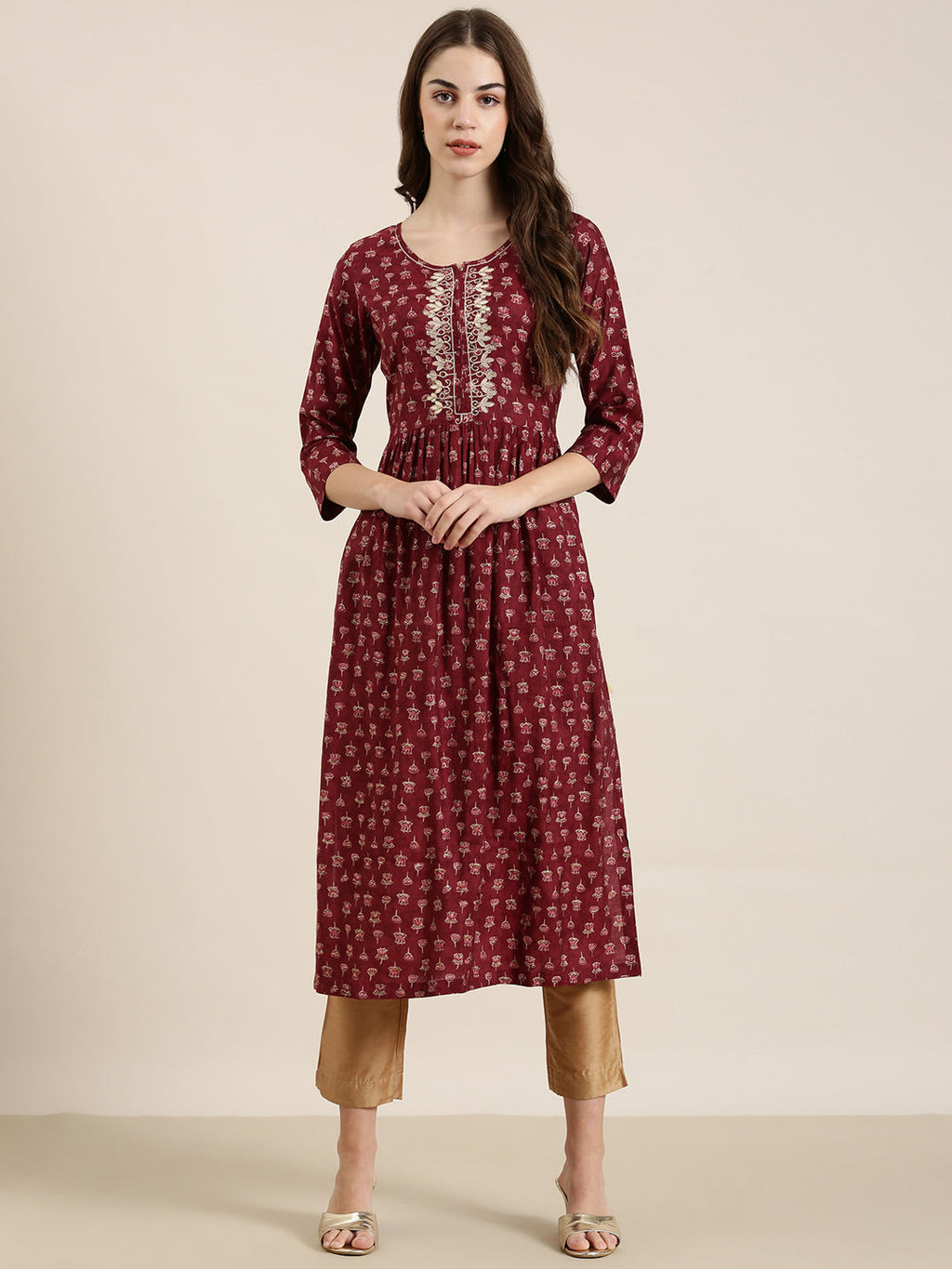 Women's Maroon Floral Printed Thread Work A-Line Kurta