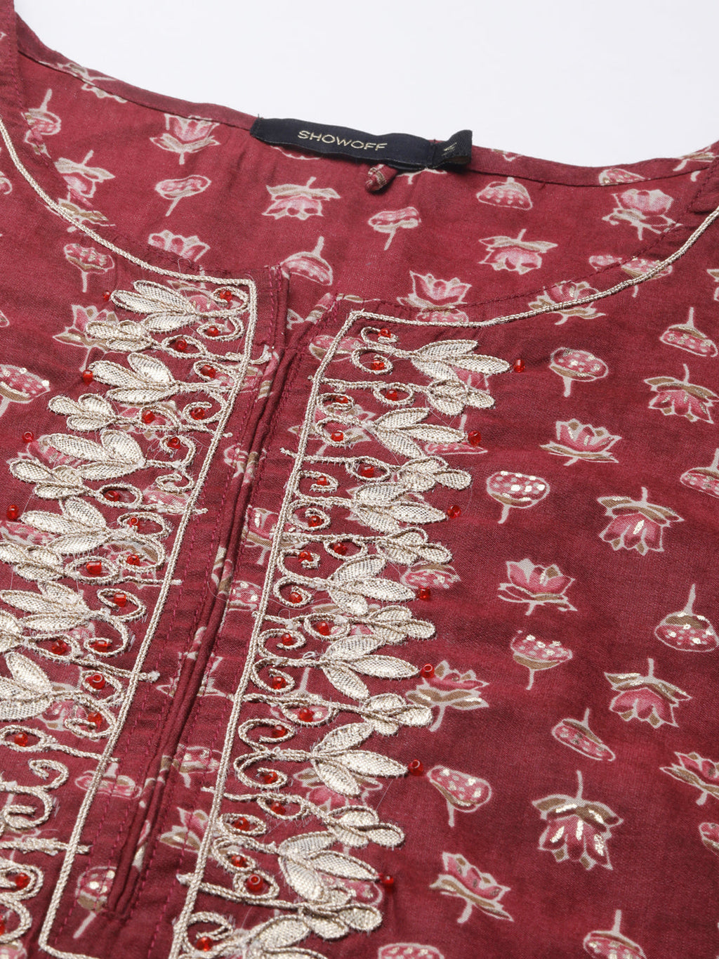 Women's Maroon Floral Printed Thread Work A-Line Kurta