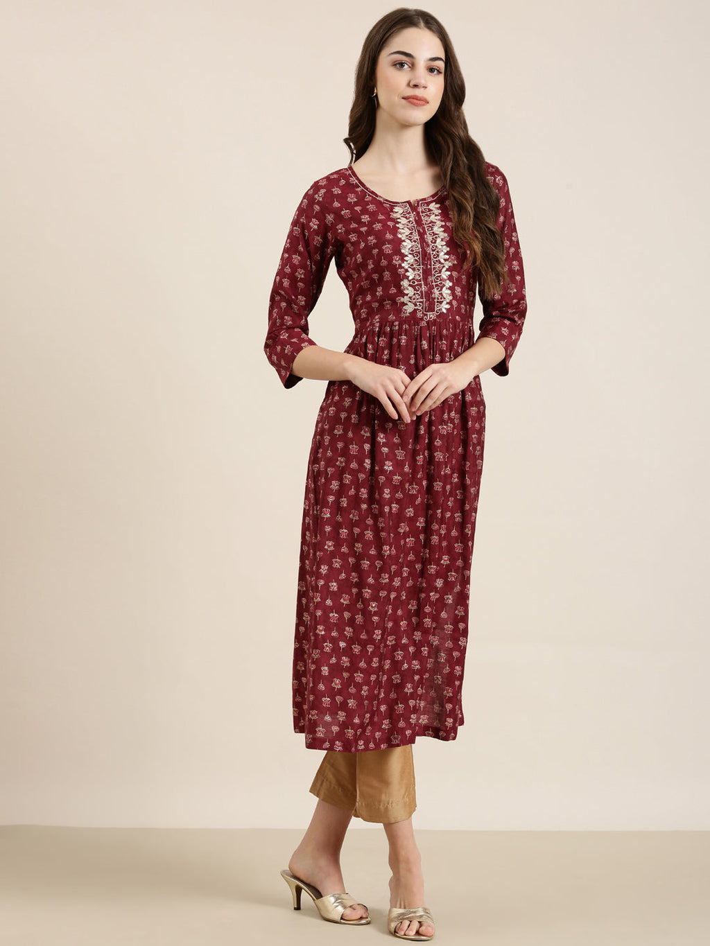 Women's Maroon Floral Printed Thread Work A-Line Kurta