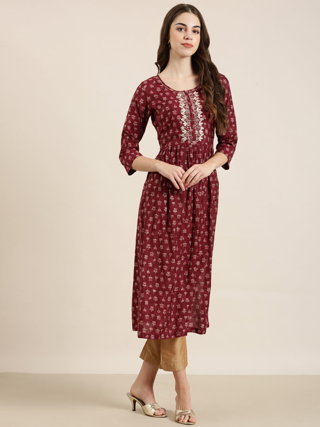 Women's Maroon Floral Printed Thread Work A-Line Kurta