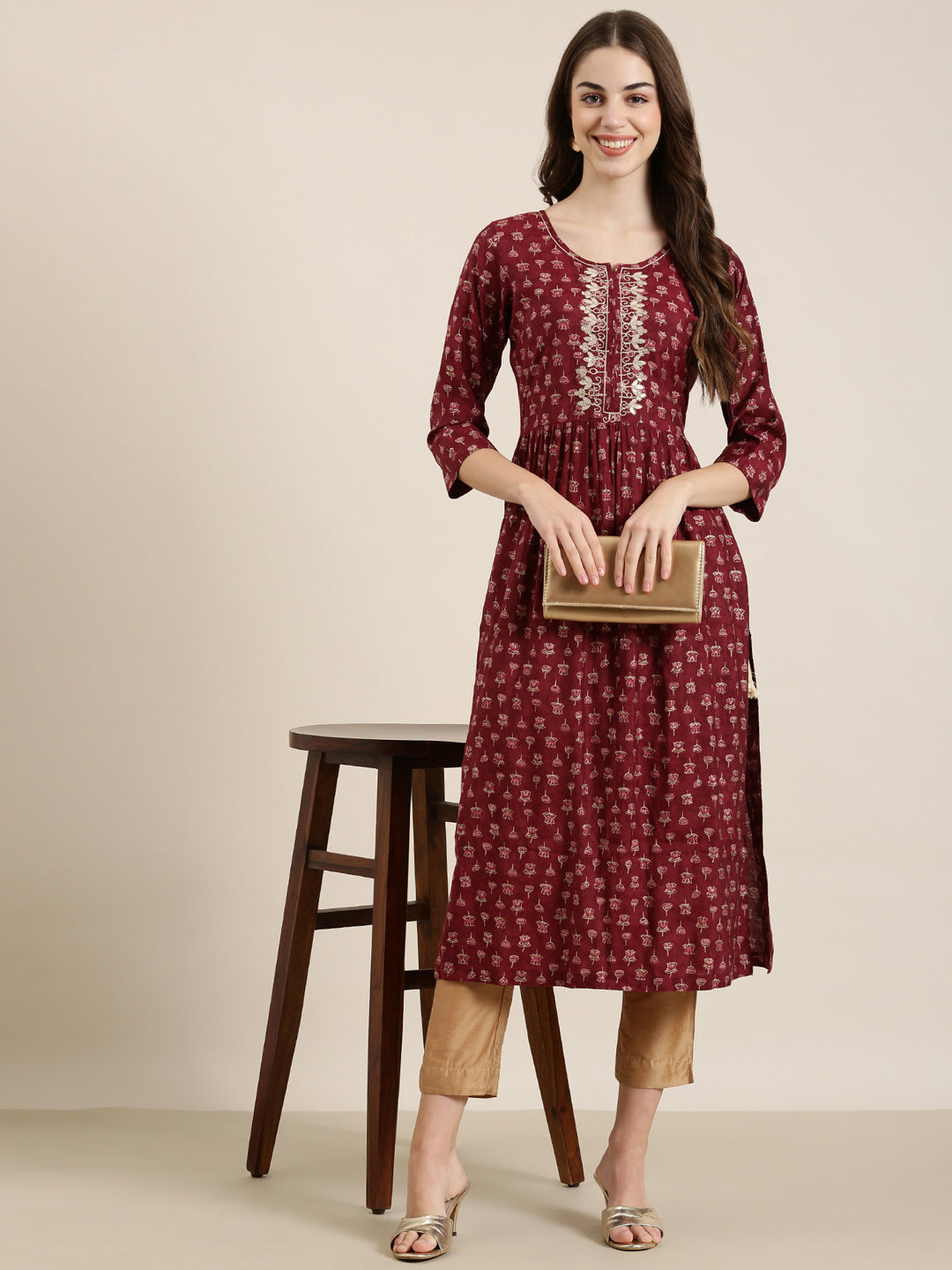 Women's Maroon Floral Printed Thread Work A-Line Kurta