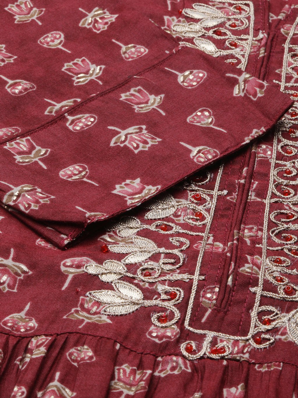 Women's Maroon Floral Printed Thread Work A-Line Kurta